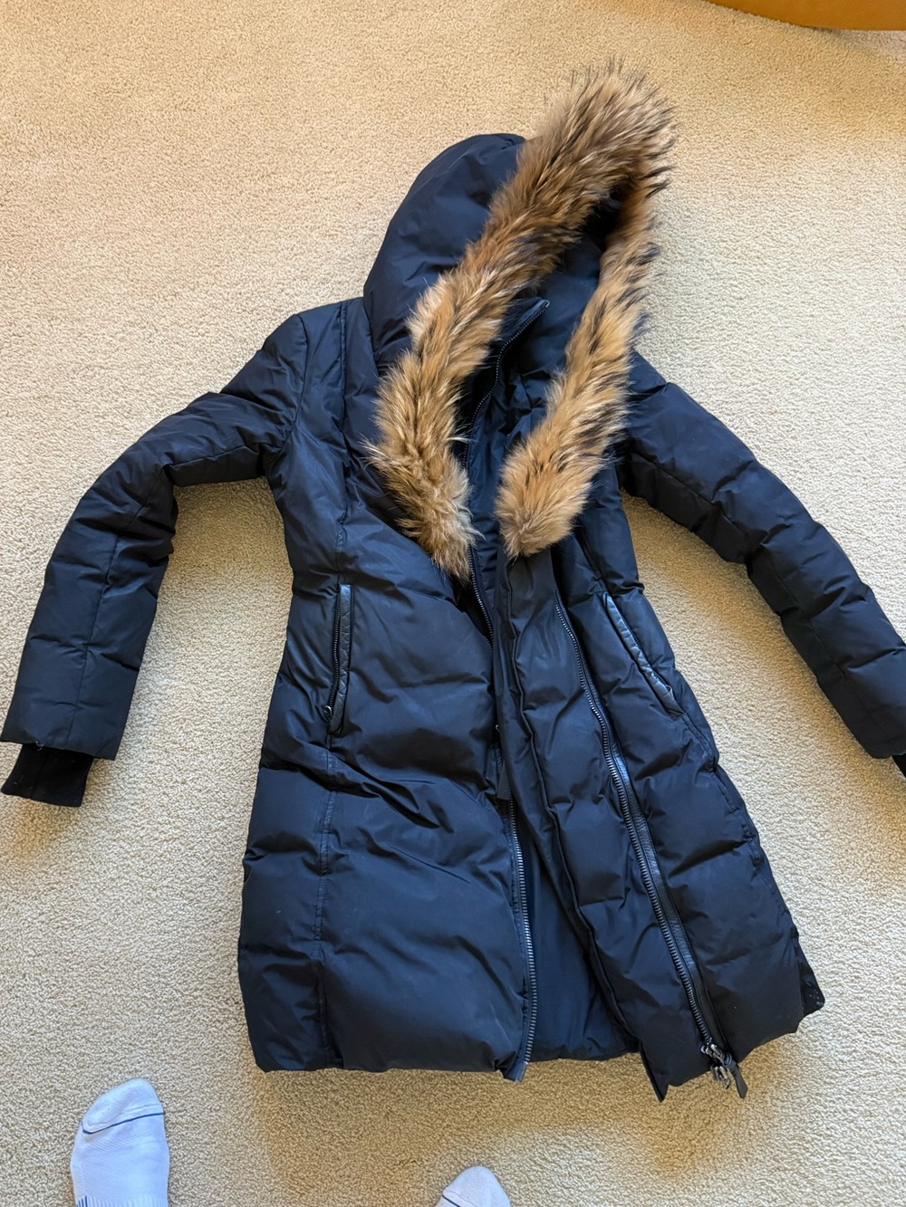 Mackage Women's Black Long Puffer Coat with Fur Trim